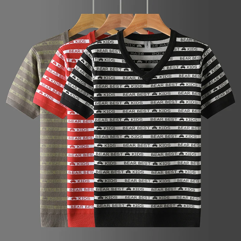 

Вязаный мужской свитер с v-образным вырезом и коротким рукавом, вискоза, полиамид, эластичный осенний качественный мягкий удобный полосатый пуловер с принтом Sueter