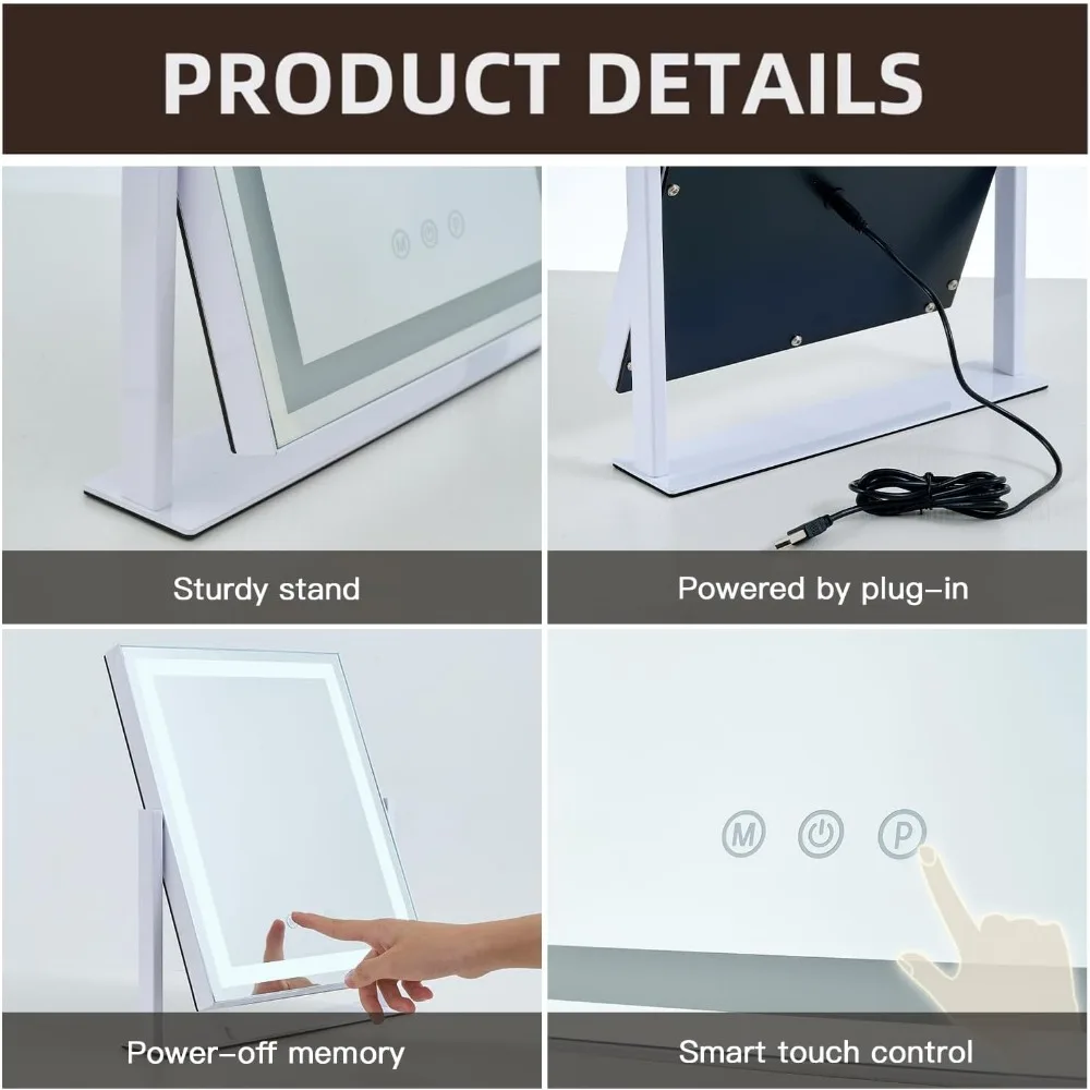 3가지 색상 모드, 터치 컨트롤, 360도 회전 기능을 갖춘 LED 메이크업 거울 °   책상 화장대용 회전