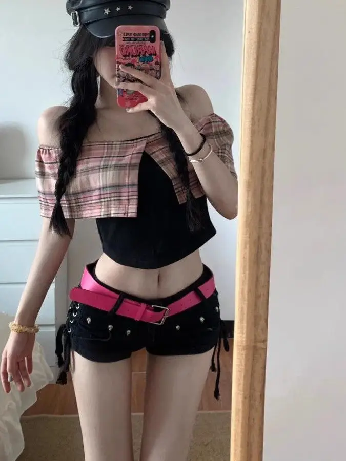 

Dark Y2K Black Jeans Low Waist Super Short Elastic Denim Rivet Design American Hot Girl Style Cotton Stretchy Commute Ready