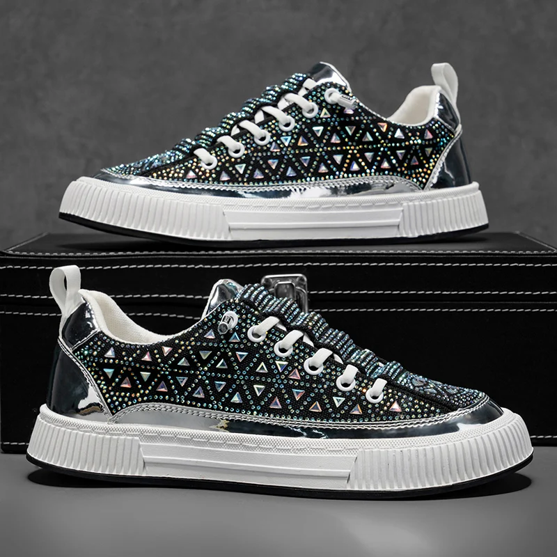 

Роскошные мужские кроссовки со стразами, повседневная обувь на платформе, с круглым носком, на шнуровке, для прогулок, однотонные, дизайнерские, с кристаллами