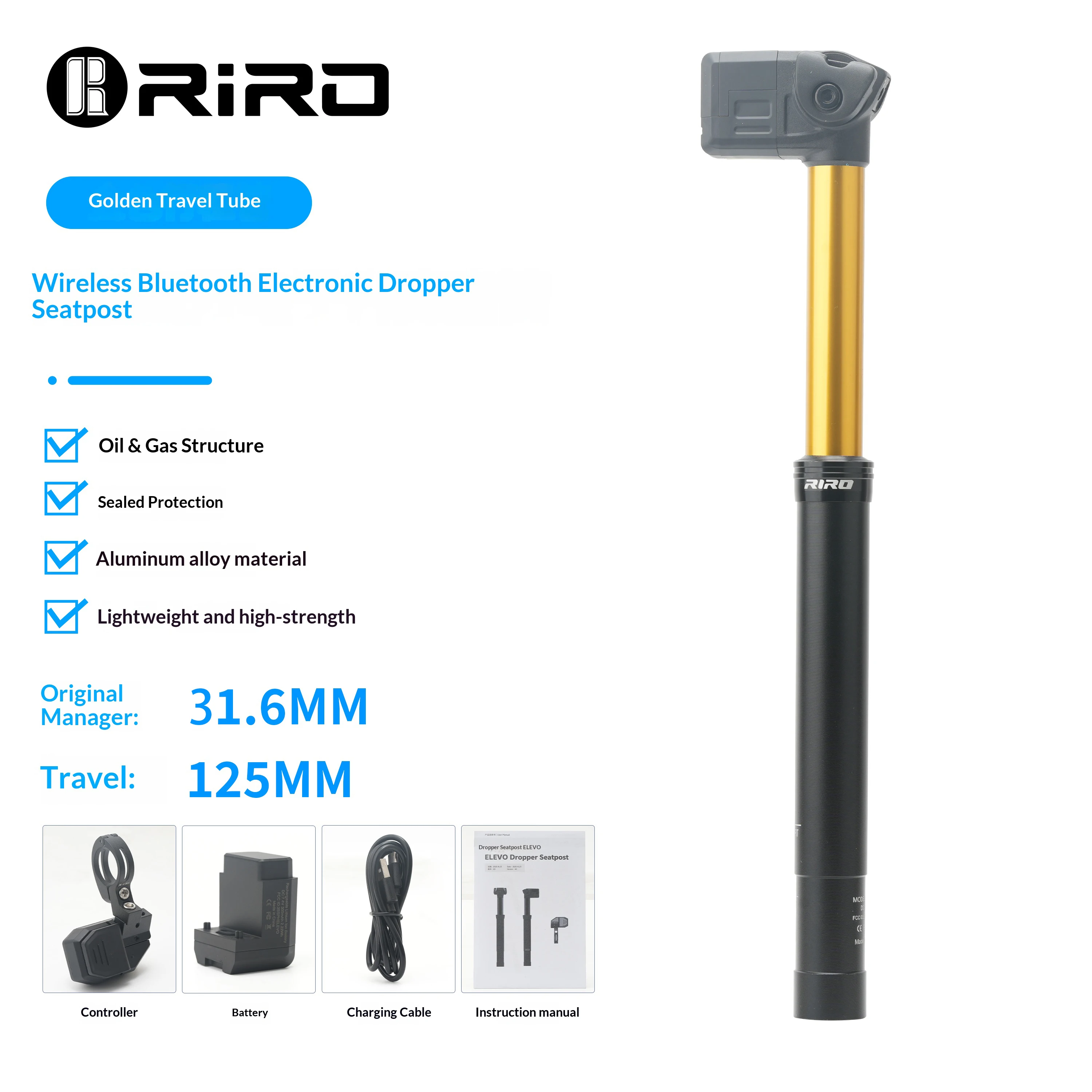 RIRO Kabellose Elektronische Sattelstütze mit elektrischer Höhenverstellung für Enduro MTB Rennräder
