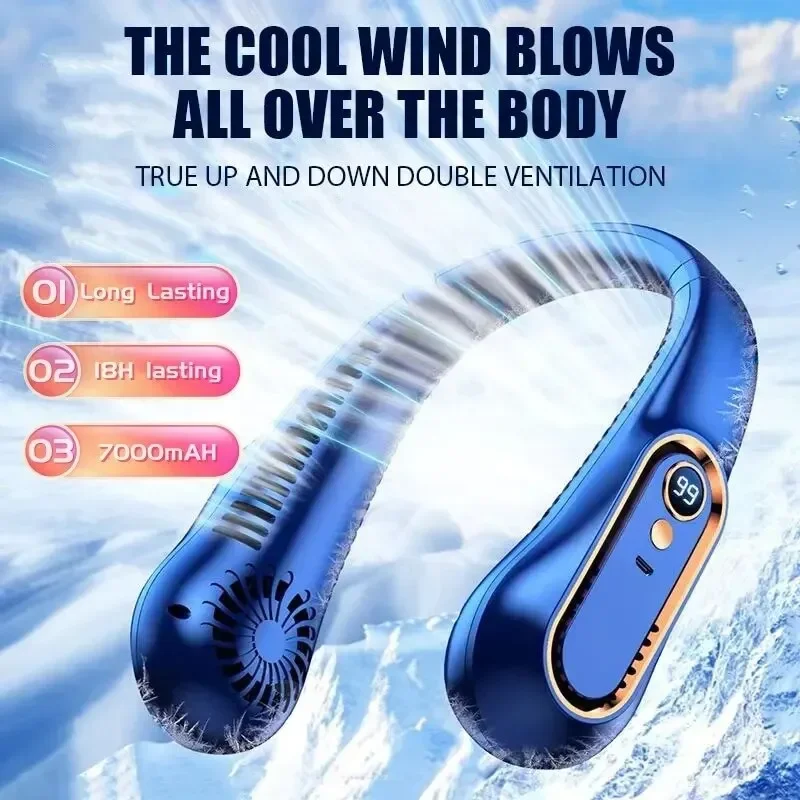 Ventilatore senza lama al collo Mini ventilatore silenzioso pigro portatile a lunga durata Ricarica USB Studente Sport Ufficio Display digitale Potenza 5 marce