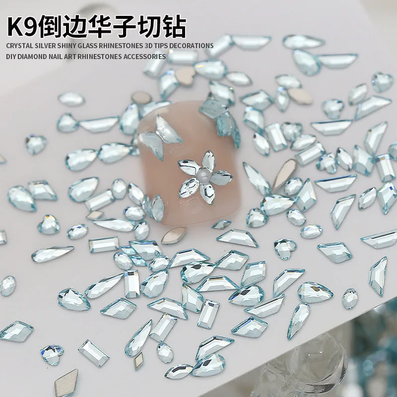 50PCS SHINY MINI Light Lake Blue Chamfered K9 เพชร Flatback คริสตัลเล็บ Art Rhinestones ตกแต่งเล็บ TOP เครื่องประดับ