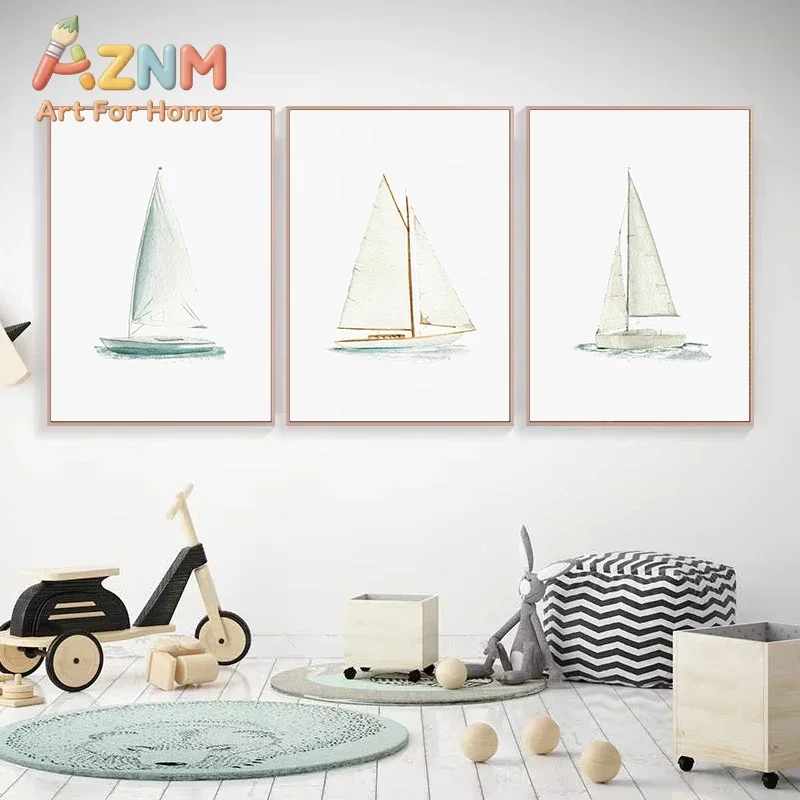 1pc frameless Canvas Painting Sailboat Minimalist Nautical Coastal Beach Seascape Canvas Painting Wall Art Poster Print for Nurs