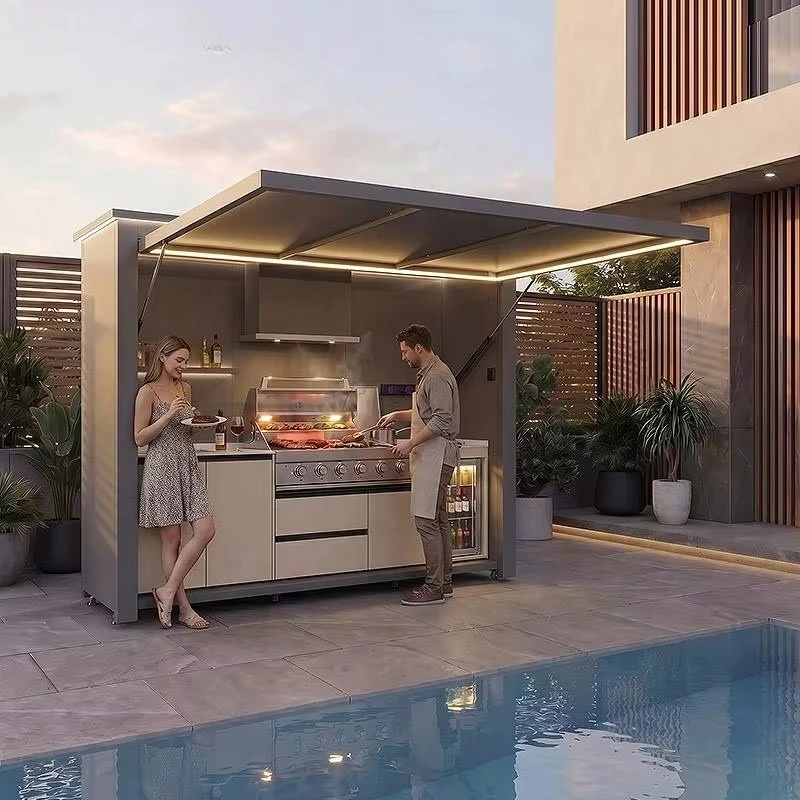 Modern Premium Aluminum One-Stop Outdoor Kitchen with Refrigerator Sink Storage Cabinet Retractable Door House Customized