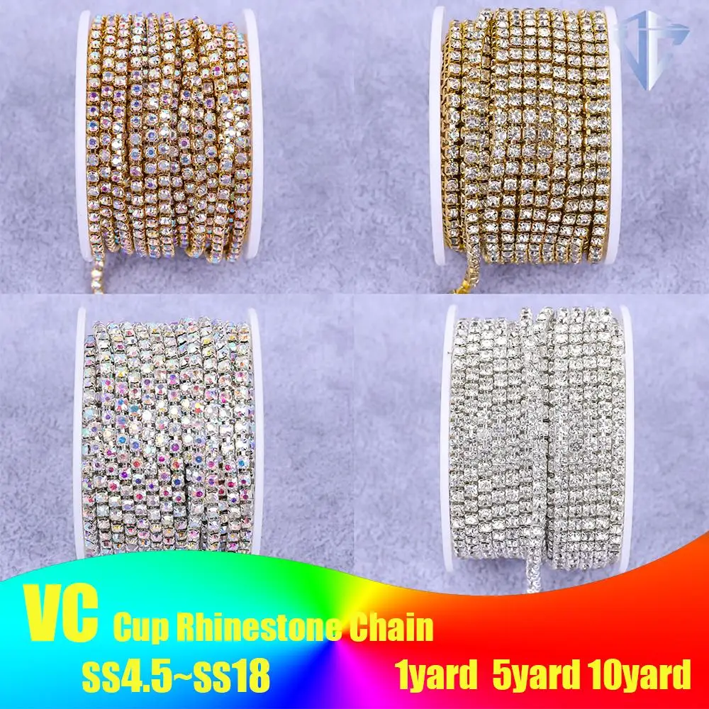 Crystal Diamond Trims 2mm 4mm Strass Fringes Gold Cup Sewing Stones Decorative Trimmings Rhinestones Chain For Clothing