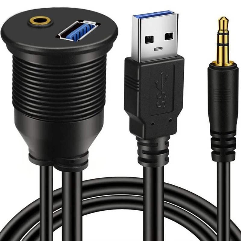 1M 3ft USB 3.0 & 3.5mm AUX Extension Mount Dash Mount Flush Mount Panel Cable for Car Boat Motorcycle Waterproof Cord
