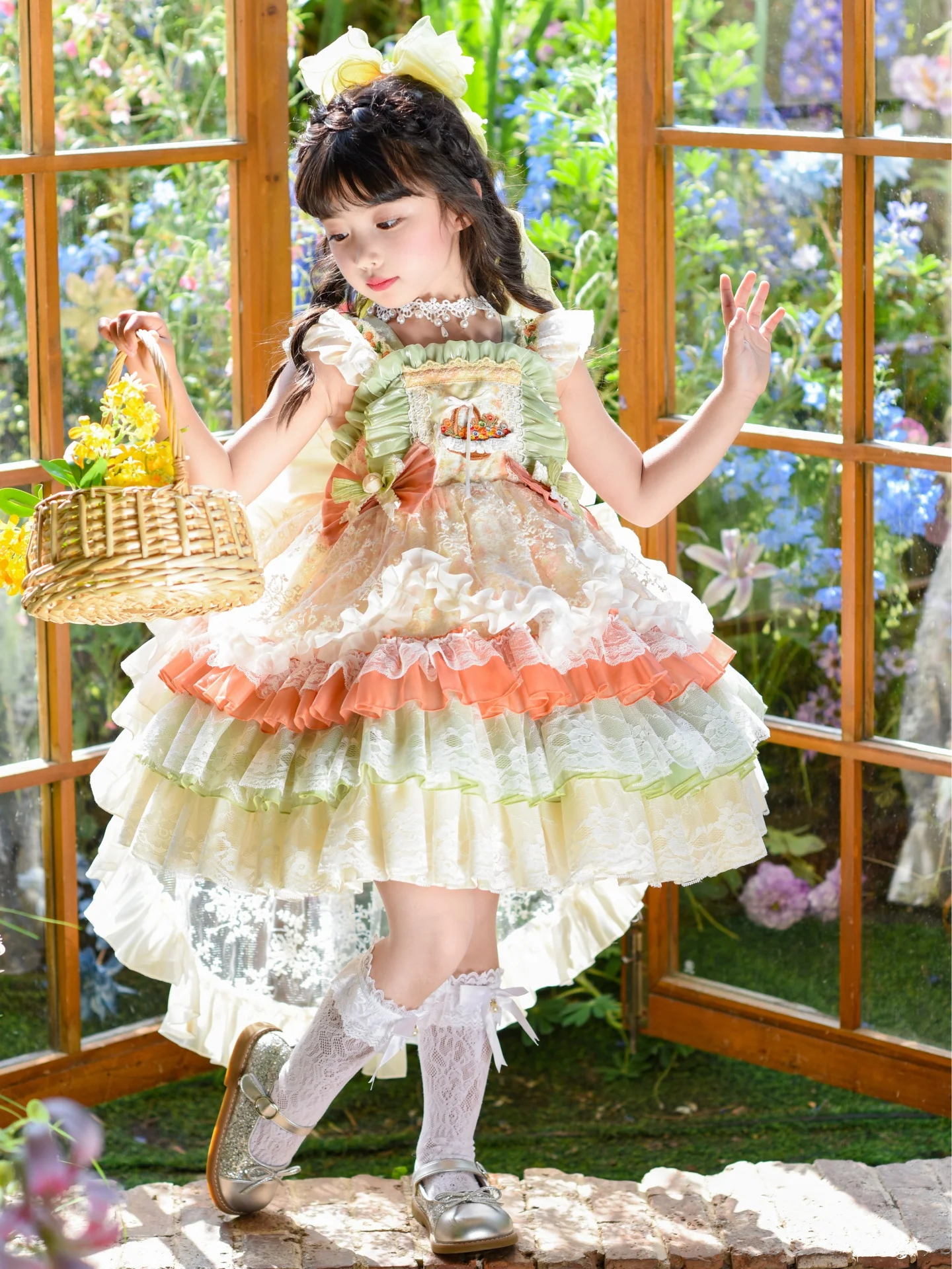 Saia de Princesa Lolita para Meninas, Estilo Campestre Doce de Verão, Vestido Puff com Laço de Borboleta, Vestido de Aniversá...