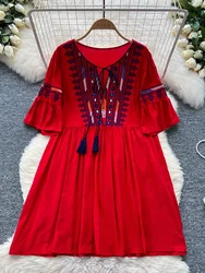 Summer New Women's Retro Ethnic Embroidered Mini Dress Lantern Sleeves Bohemian Holiday Dress Women A160