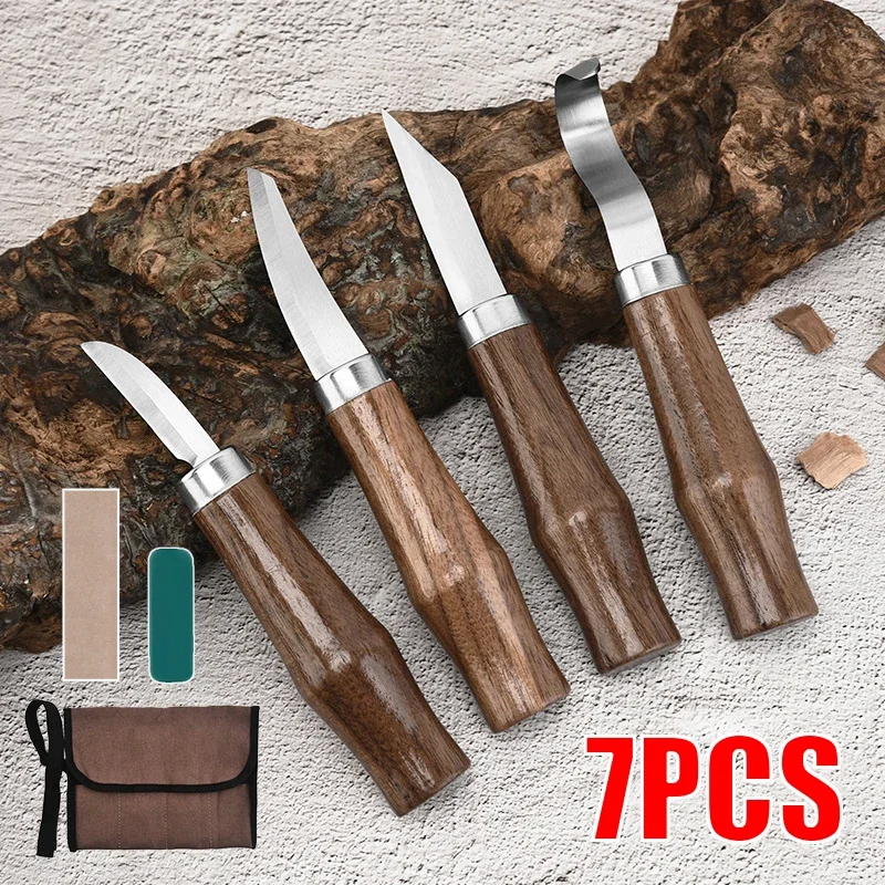 7PCS Wood Carving Chisel Knife Hand Tool Set Basic Detailed Woodworkers Gouges Multi Purpose DIY Professional Alloy Steel