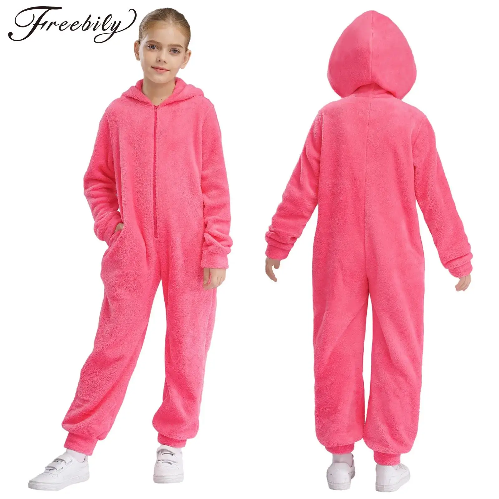 Kids Girls Boys Fleece Hooded Jumpsuits Long Sleeve Zipper Rompers Overalls One Piece Pajamas Sleepwear Nightwear Warm Playsuit