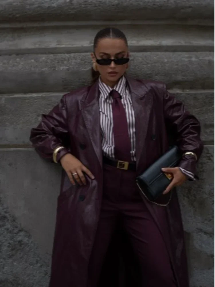 

Женская длинная кожаная ветровка винно-красного цвета, повседневные однобортные куртки с v-образным вырезом, модная повседневная уличная верхняя одежда