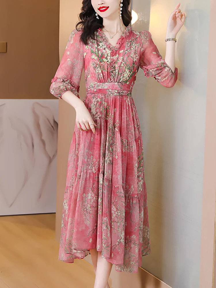 Spring Summer Pink Floral Silk Long Dress Women Fashion Casual Holiday Beach Dress 2024 Korean Elegant Luxury Dance Party Dress