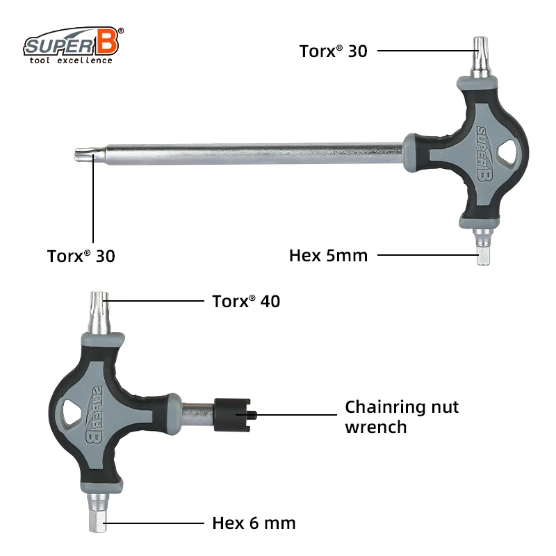 SUPER B TB-TH10/20 T-shaped Wrench 5/6mm Hex Key T30 T40 Torx Wrench Mountain Road Bike Chainring Nut Wrench Bicycle Repair Tool