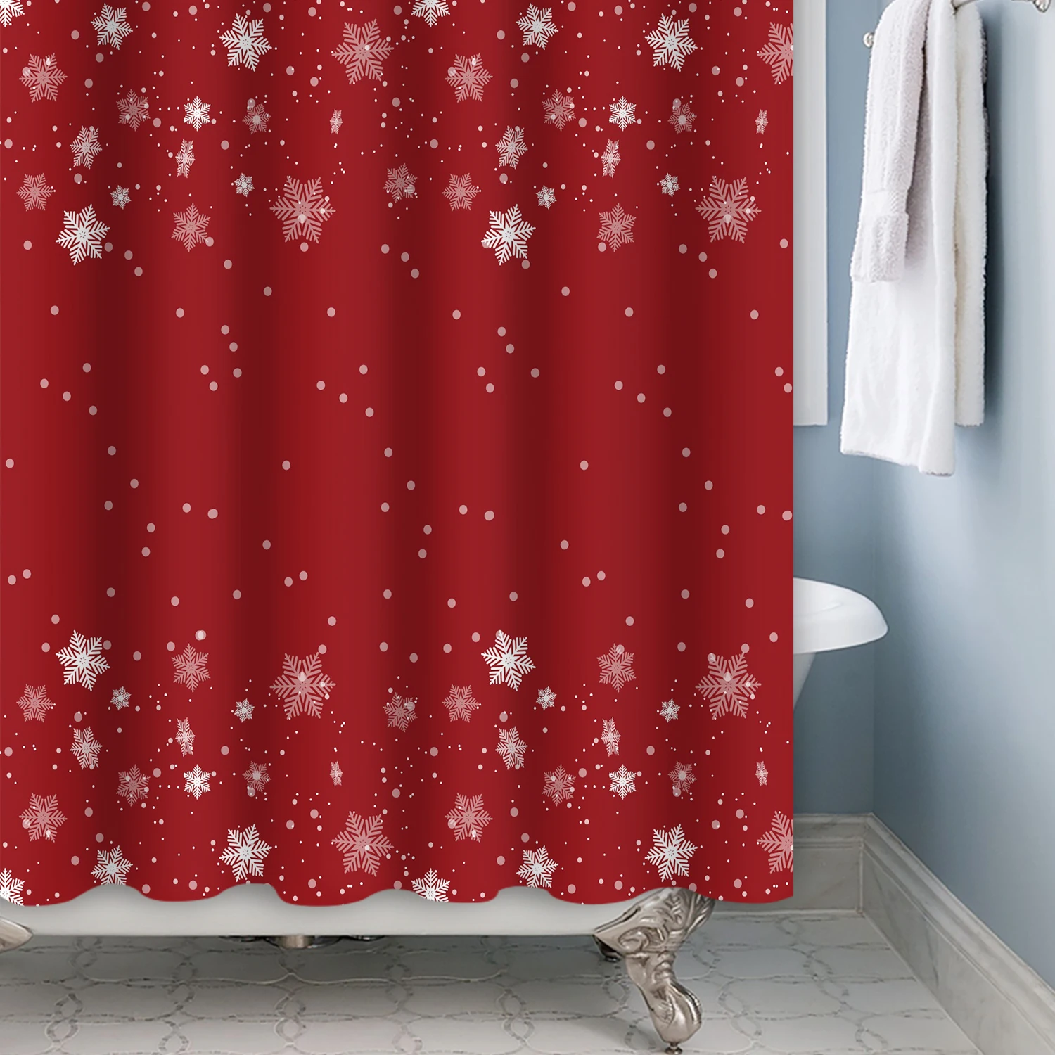 Red Christmas Theme Shower Curtain Winter Snow Decoration Bathroom Partition Polyester Waterproof Hanging Curtain With Hooks