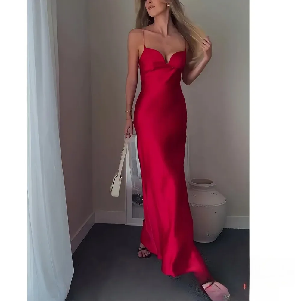 KONDALA Sexy Chic Red Satin Women Dress V Neck Cami Long Party Dress Women Fashion 2025 Summer Holiday Beach Y2K Girl Dress