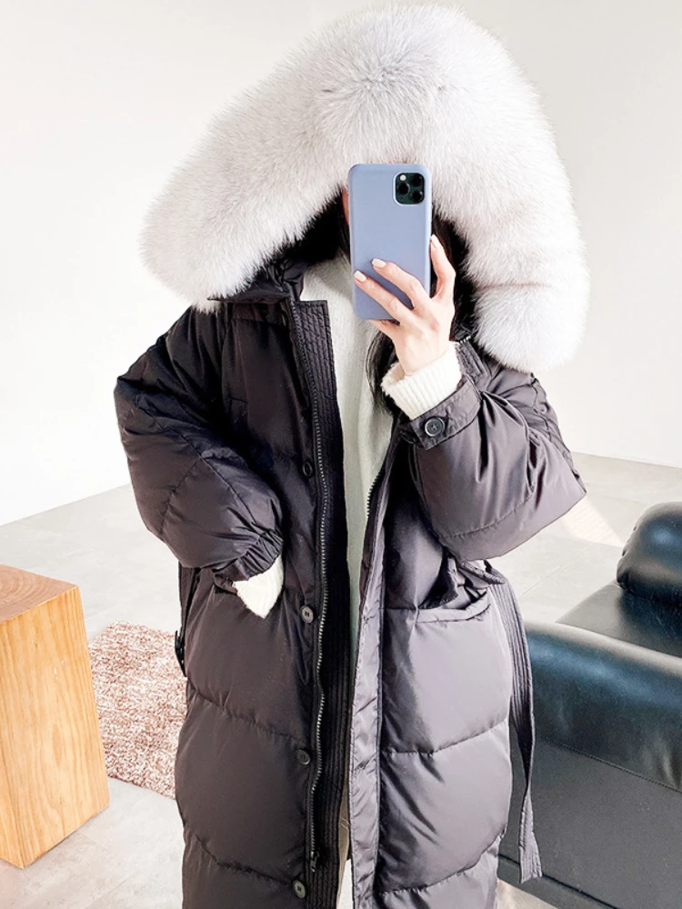 Menina bonita 2022 novo pato branco para baixo casaco de inverno feminino realmente natural gola de pele de raposa com capuz x-long outerwear streetwear