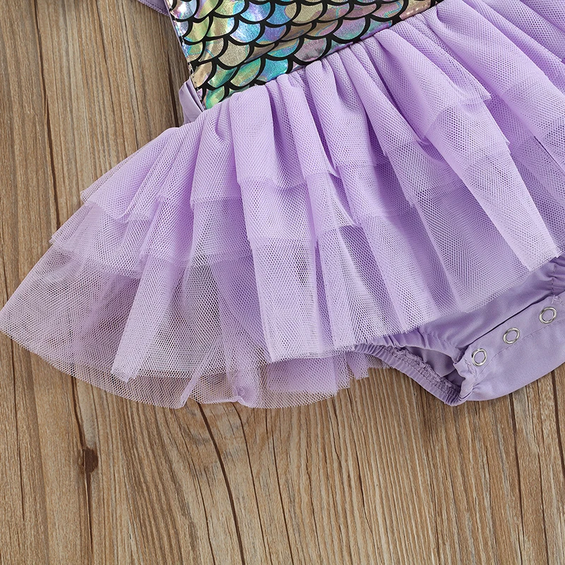 Newborn Infant Baby Girls Mermaid Scale Romper Dress Fly Sleeve Tulle Splicing Tutu Bodysuit Summer Children\'s Clothing