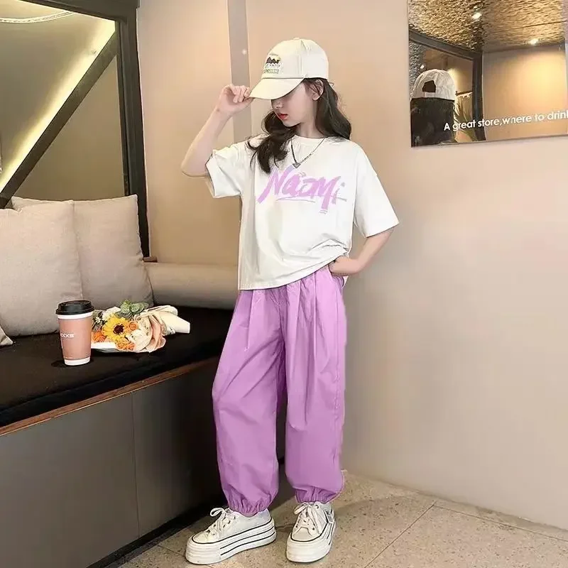 Girls Summer Casual 2Pcs Short Sleeved T-shirts+Jogging Pants Suits 3-13 Years Teenage Teenage Kids Oufits Sets Children Clothes