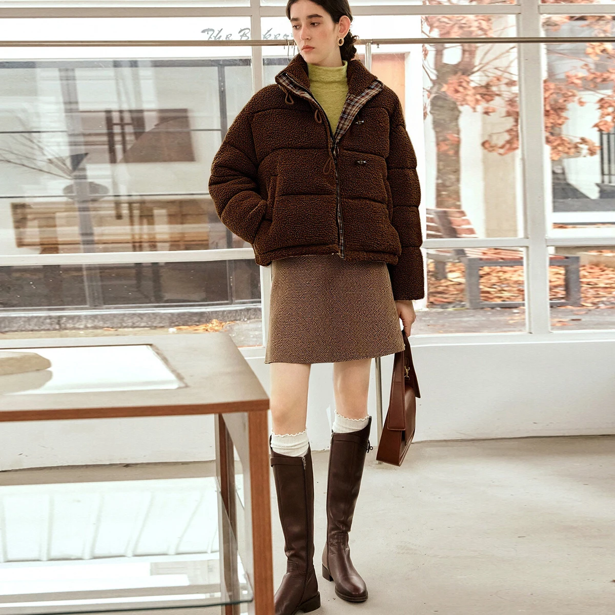 OLrain Women's Fashion Down Coats 2025 Autumn Commute Zipper Loose Fit Jackets Long Sleeve Plaid Patchwork Coats GO57DY000815