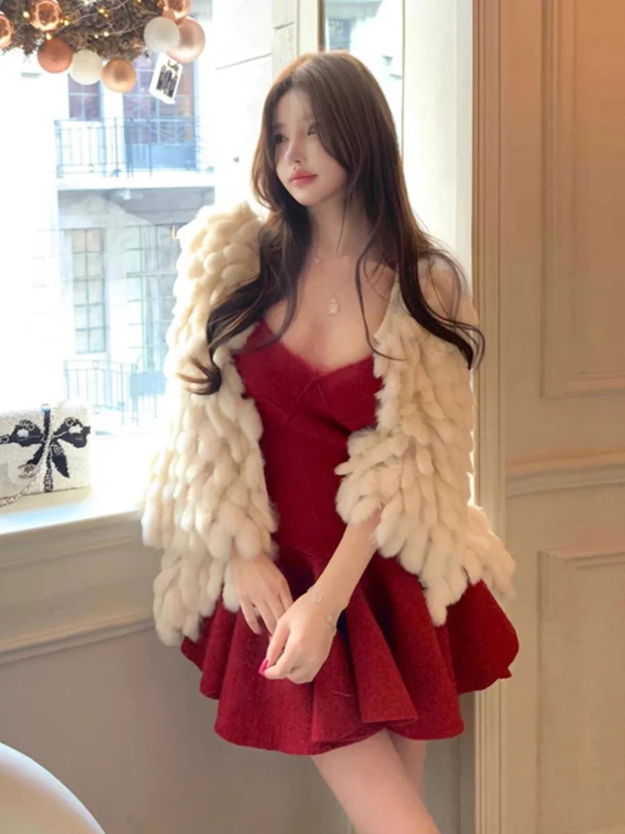 

Red Sexy Wool Blend Wrap Dr High Waist Asymmetrical Hemline V-Ne Svel Summer Commute OL Sle Cake Skirt Ladies Dr