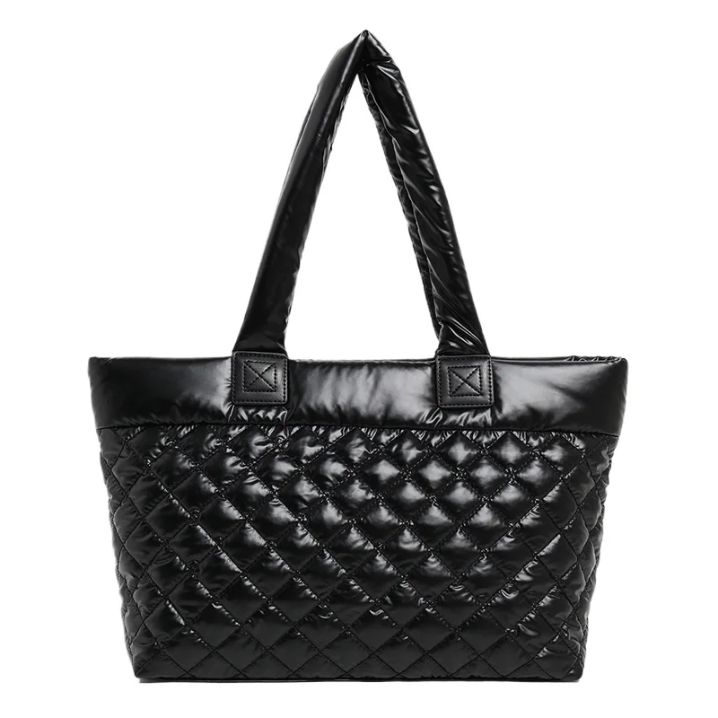 

Хлопковая большая сумка на пуху большой емкости с ромбовидным узором, женская повседневная сумка на плечо с мягкой подкладкой, зимняя нейлоновая пуховая хлопковая сумка