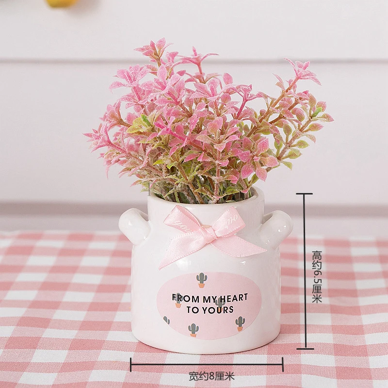 2pcs Mini Artificial Flower Succulent Plant Potted Ceramic Flower Pots For Car Indoor Home Decoration Ornaments Flower Art