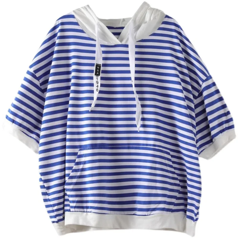 

Loose Fit Summer Hoodie Women's T-irt Dstring Cords ort Sve Striped Patchwork ket Versatile Casual Korean Sle