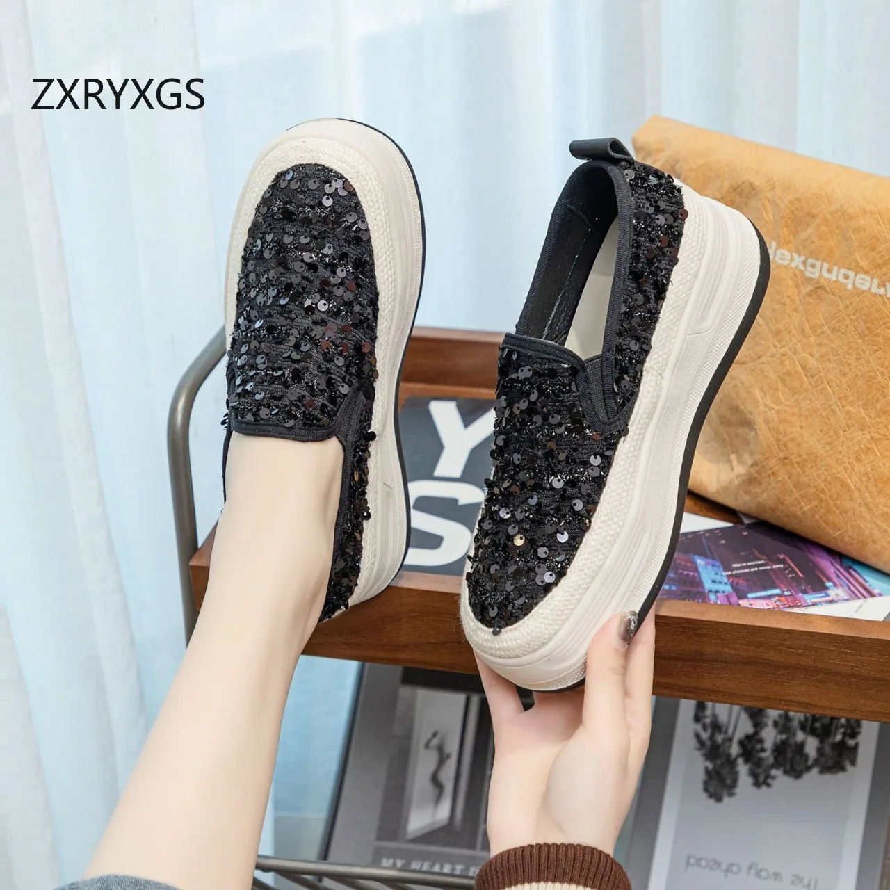 ZXRYXGS-zapatillas de deporte con lentejuelas para mujer, zapatos de plataforma con aumento, cómodos, suela suave, antideslizantes, tendencia, Primavera, 2024