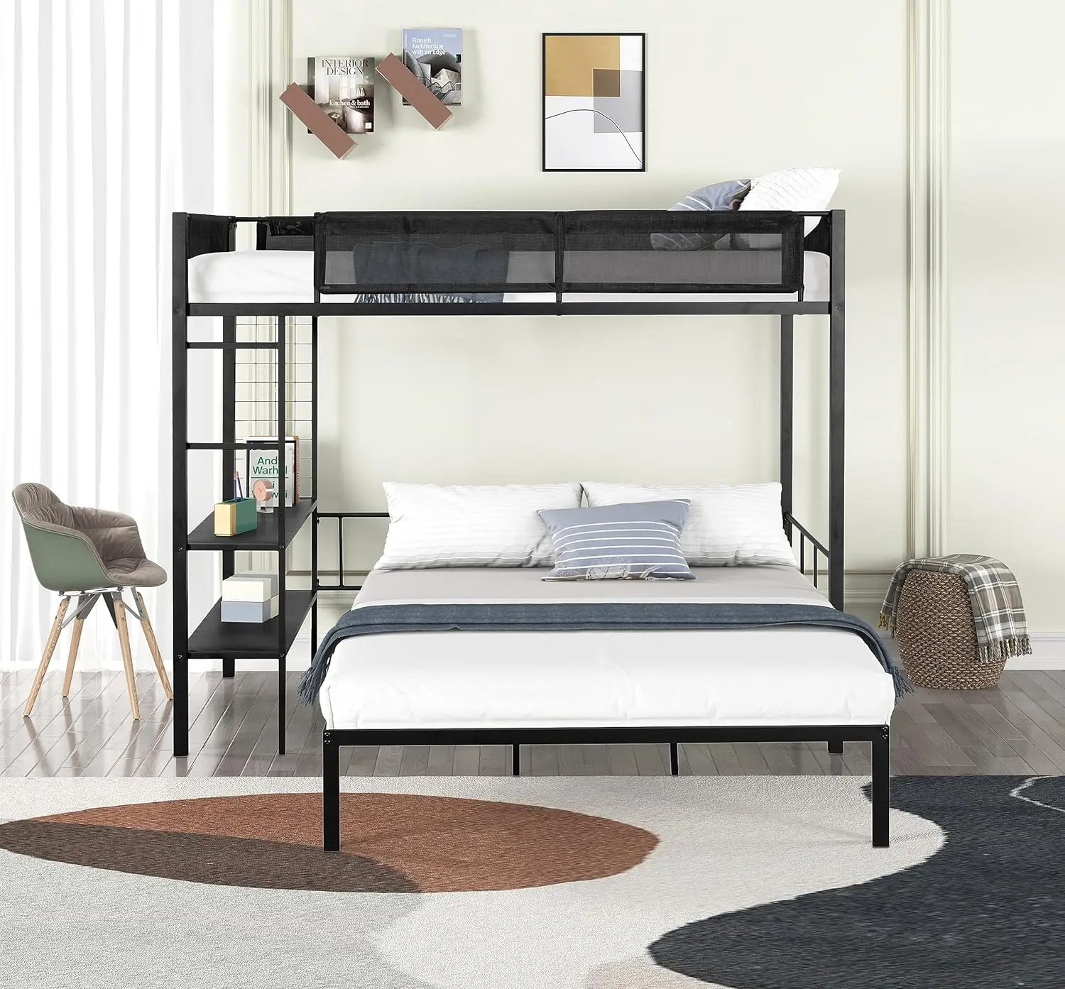 Twin Over Full Bunk Bed With Shelves & Grid Panel,Separated Full Size Bed Frame W/Noise-Free Wood Slats & Textilene Guardrail