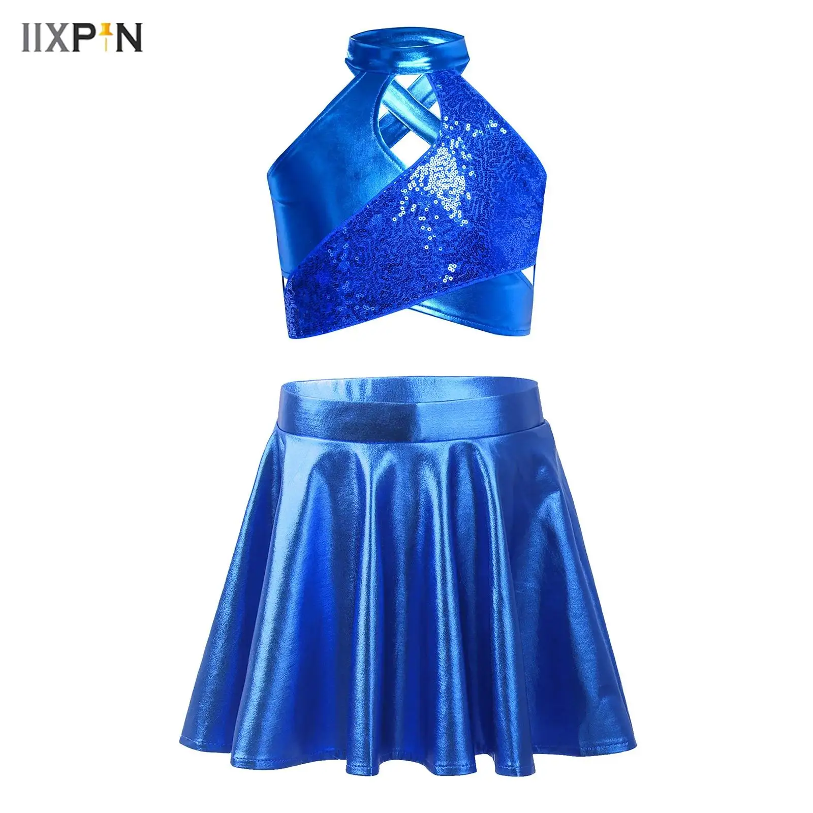 

Kids Girls Jazz Dance Set 2Pcs Sparkly Sequins Metallic Cross Keyhole Crop Top+A-Line Skirt Stage Performance Costume Streetwear