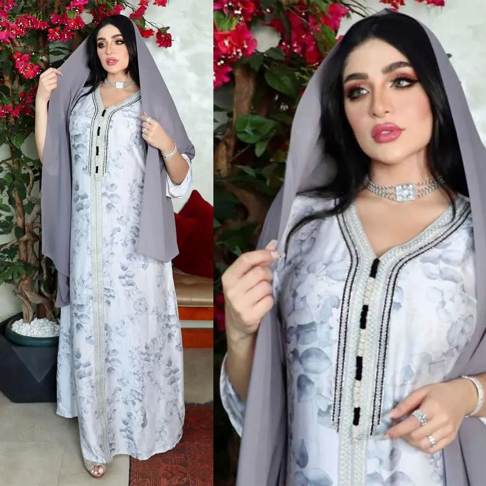 Ab153 Arab Muslim female Hui Printed Dress abaya Robe