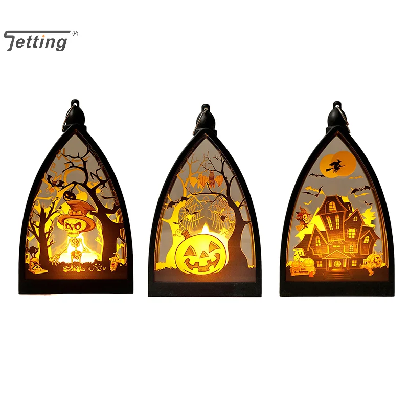 Halloween Laternenlichter - Dekoration Vintage LED Kürbislichter |   Tischlaterne mit Skelett-Kürbis-Schloss |   Lampenornament