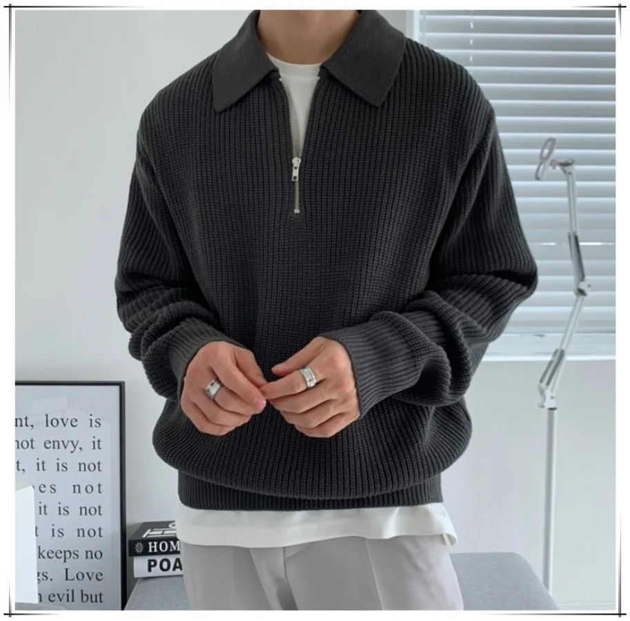 

New Men's Half Zipper Sweater Pullovers Tops Autumn Winter Retro Lapel Knitted Loose Tops Fashion Casual Solid Sweaters for Men