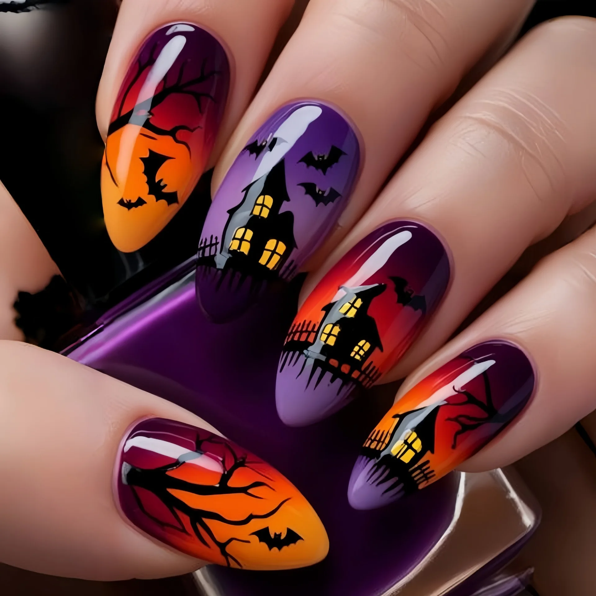 

24PCS Press on Nails Halloween European and American Style Round Head Almond Armor Halloween Castle Bat Pattern Fake Nail Patch