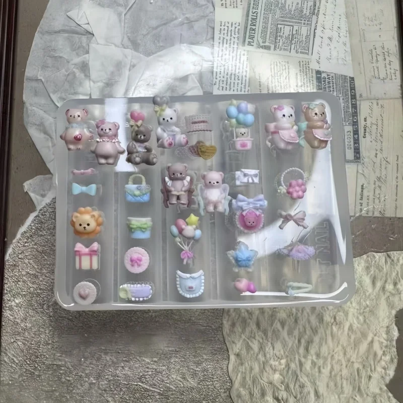 

3D Cartoon Silicone Nail Mold Bear Tea Party Balloon Lace Bow Cute Hair Clip Nail DIY Template Transparent Nail Mold