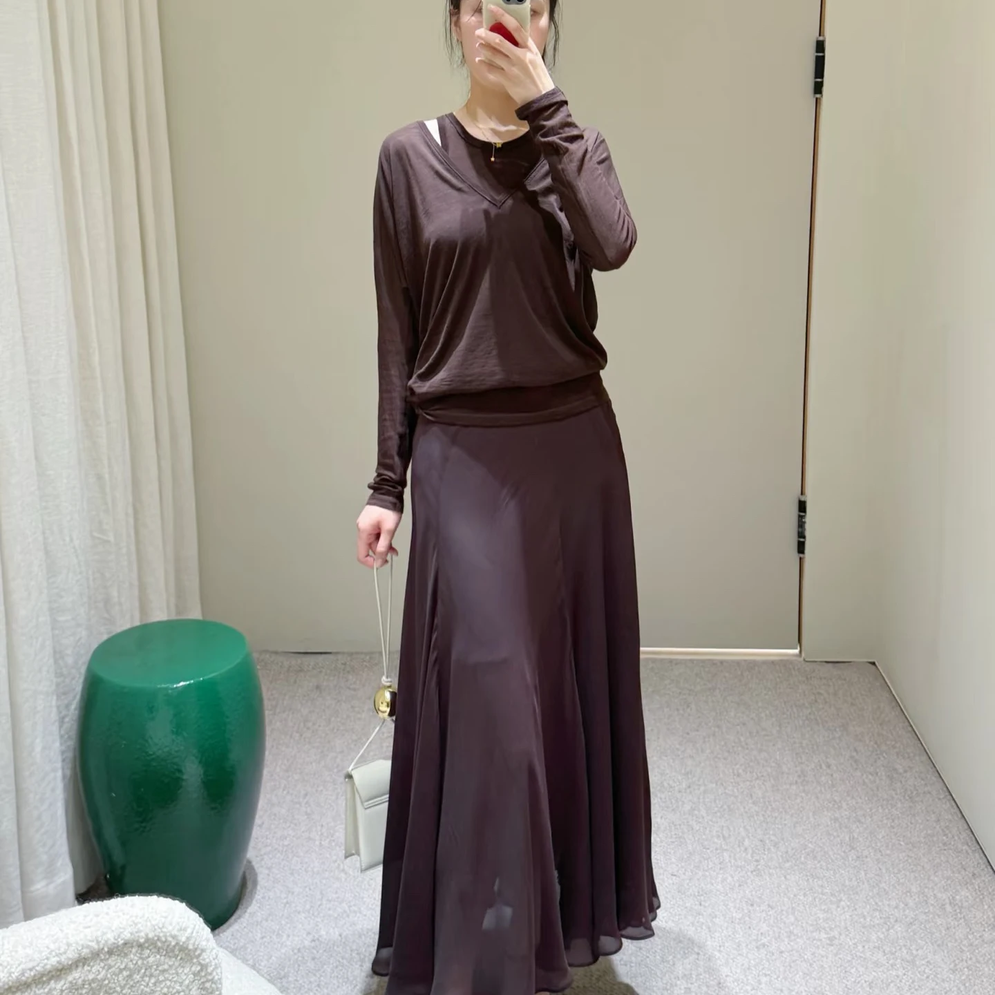 

Autumn New Arrival High round Ed Silk Asymmetrical f Skirt Breathable Long Sve Pure Color Retro Sle Women's ...