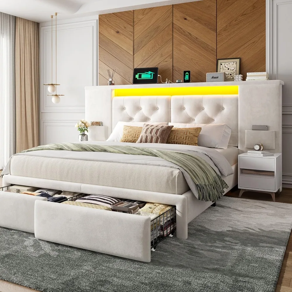 Sturdy Queen Size Bed Frame with Storage Drawers, Headboard Charging Station, LED Lights, Silent Operation