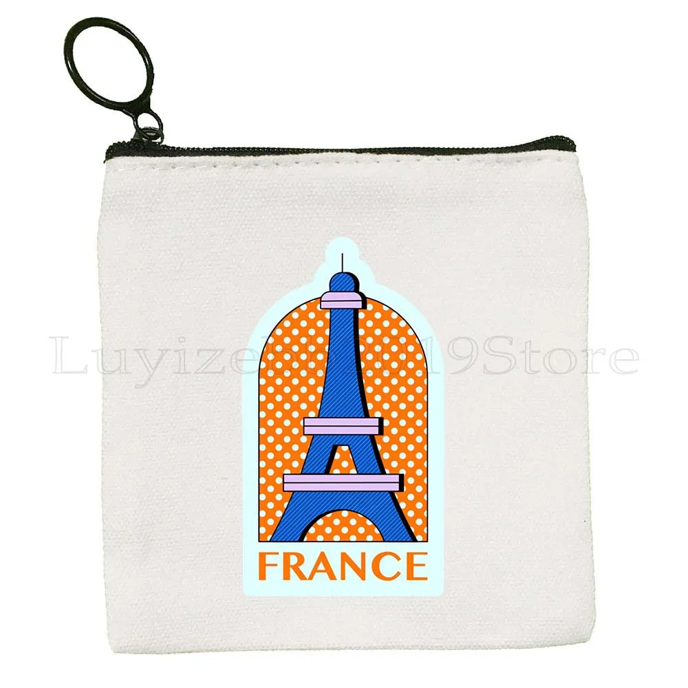 Liebe Paris Frankreich Karte Flagge Eiffelturm Stadt Sehenswürdigkeiten Mops Leben Leinwand Tasche Geldbörse Schlüsseletui Tasche Brieftasche Reißverschlusstasche