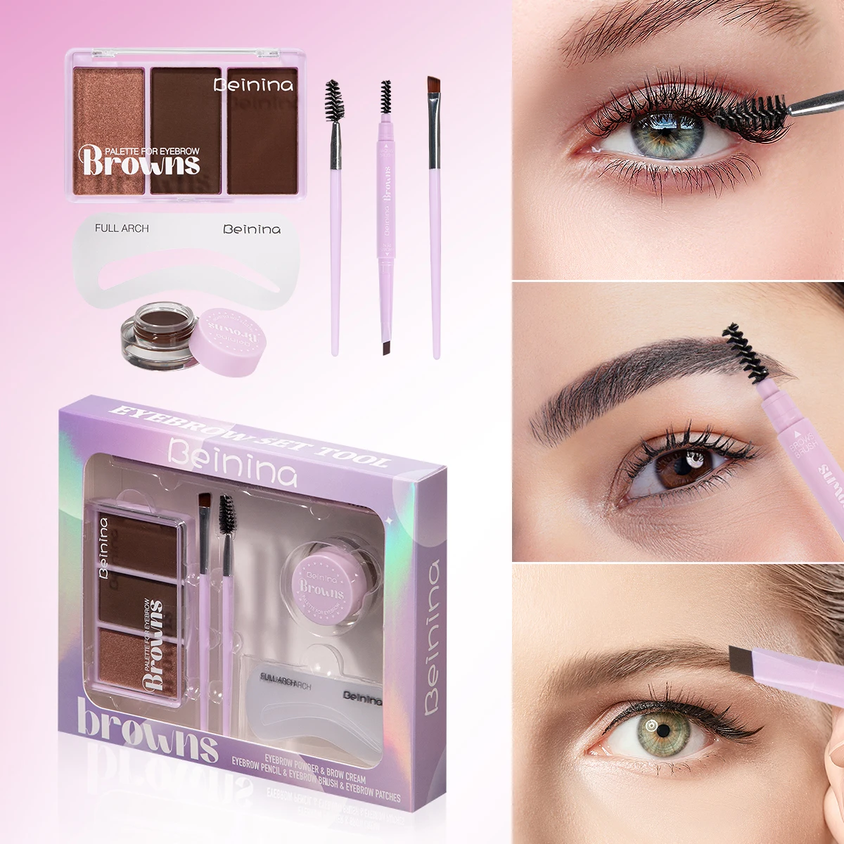 Set di polvere per sopracciglia a 4 colori Crema modellante per sopracciglia con stencil per sopracciglia Pennello per sopracciglia Kit per trucco facile da usare per principianti