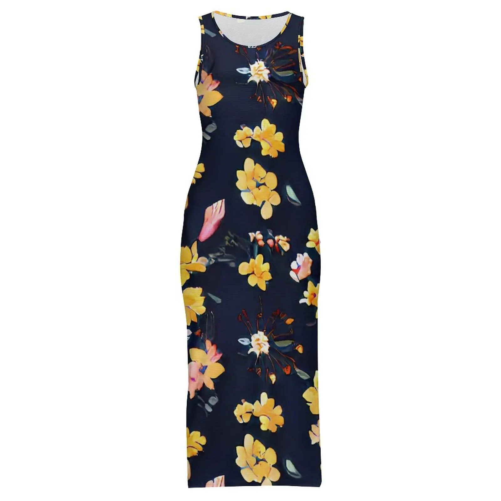 Gele bloemenjurk Mouwloze vintage bloem Street Fashion Maxi-jurken Mooie bodycon-jurk Dames grafische oversized kleding