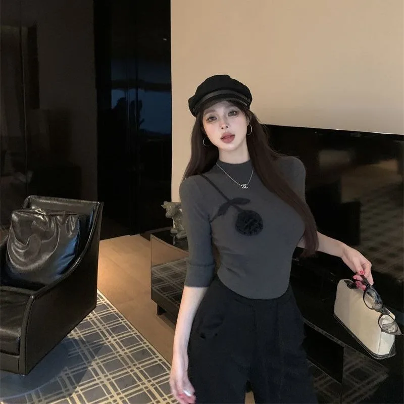 

Women Clothes Spring Autumn Fashion Simplicity All-match Printing Solid Color Half High Collar Female Half Sleeve Appear Thin T