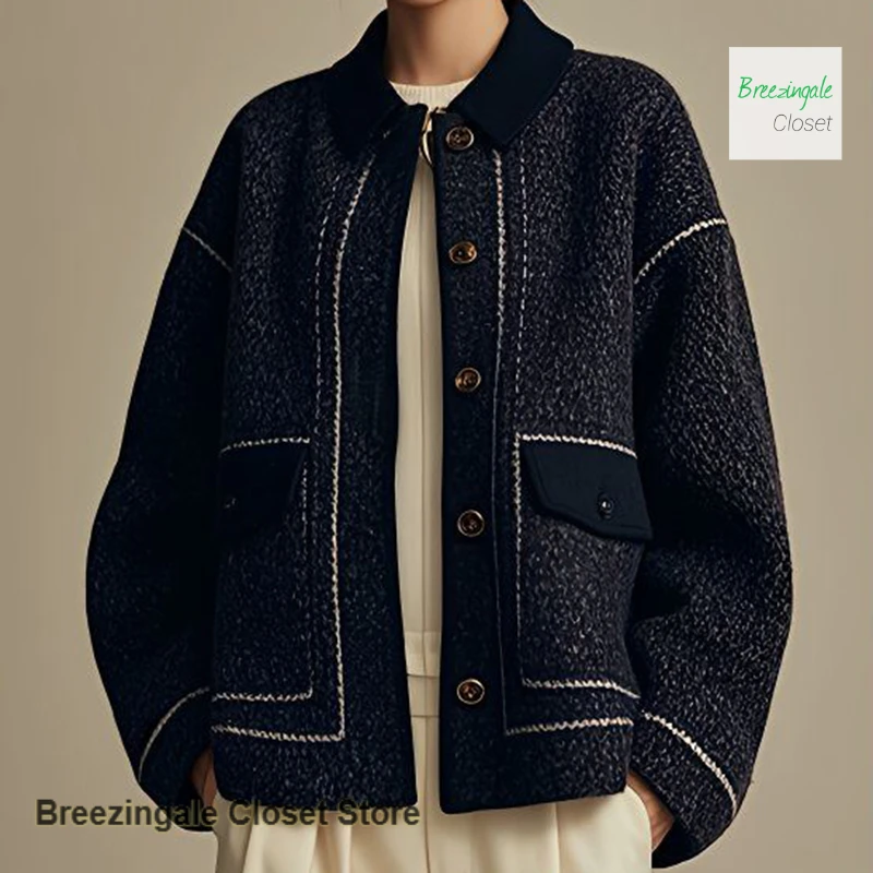 

French style temperament loose black coat women's autumn and winter new fashion sense small fragrance slim casual Joker top.