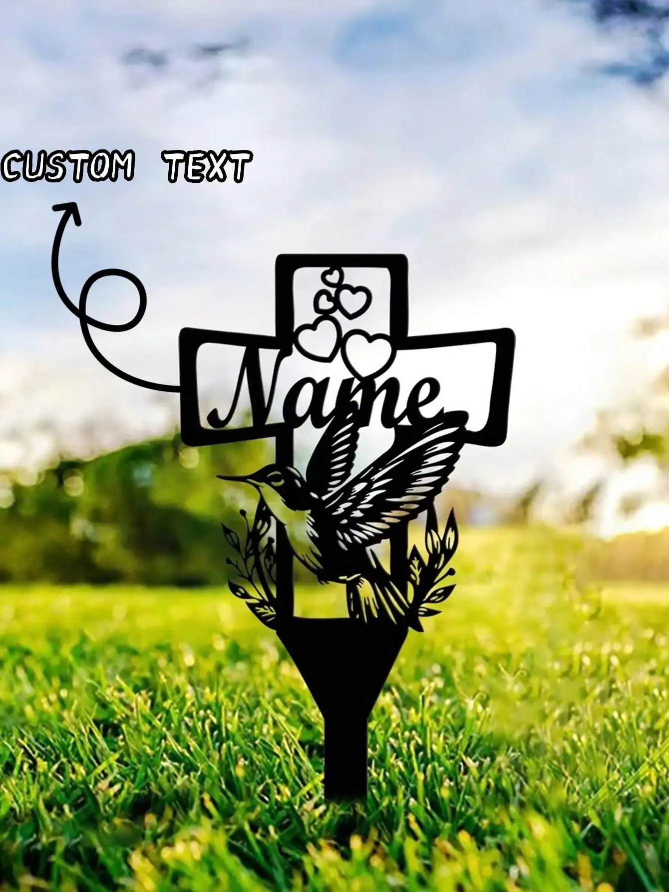 

Custom Hummingbird Garden Cross Stake Memorial Christian Metal Art Outdoor Yard Bird Decor