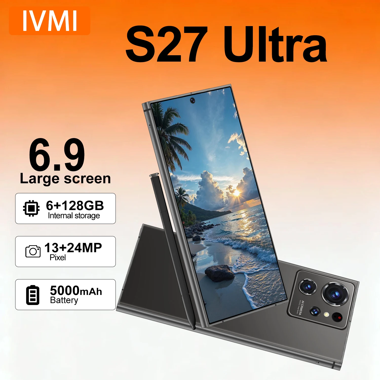 هاتف IVMI S27 Ultra الذكي، 6 جيجابايت + 128 جيجابايت، نظام أندرويد 12، كاميرا 13+24 ميجابكسل، شبكة 4G، هاتف محمول رخيص أصلي عالي الجودة مفتوح عالميًا