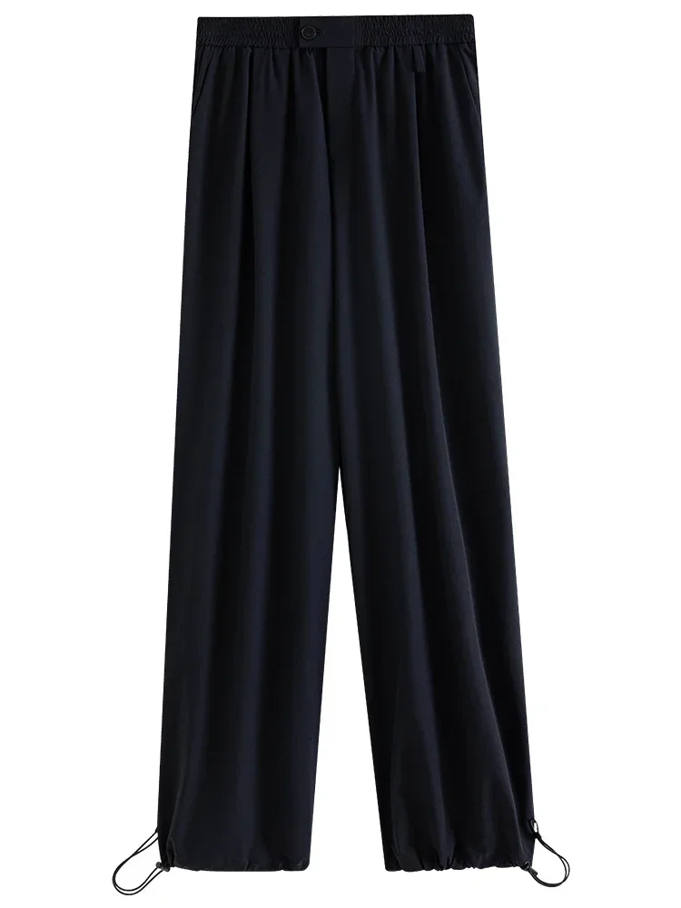 FSLE Elastic Waist Women High Waist Solid Casual Full Length Trousers Drawstring Design Summer Thin Casual Black Female Pants