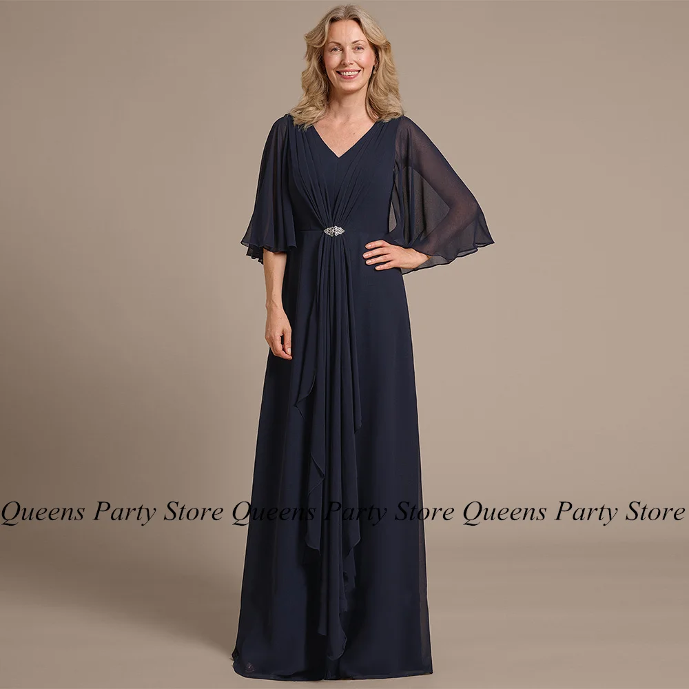 

Chiffon Mother of The Bride Dress with Cape V Neck Draped Floor Length A Line Navy Wedding Guest Dresses Formal Evening Gown