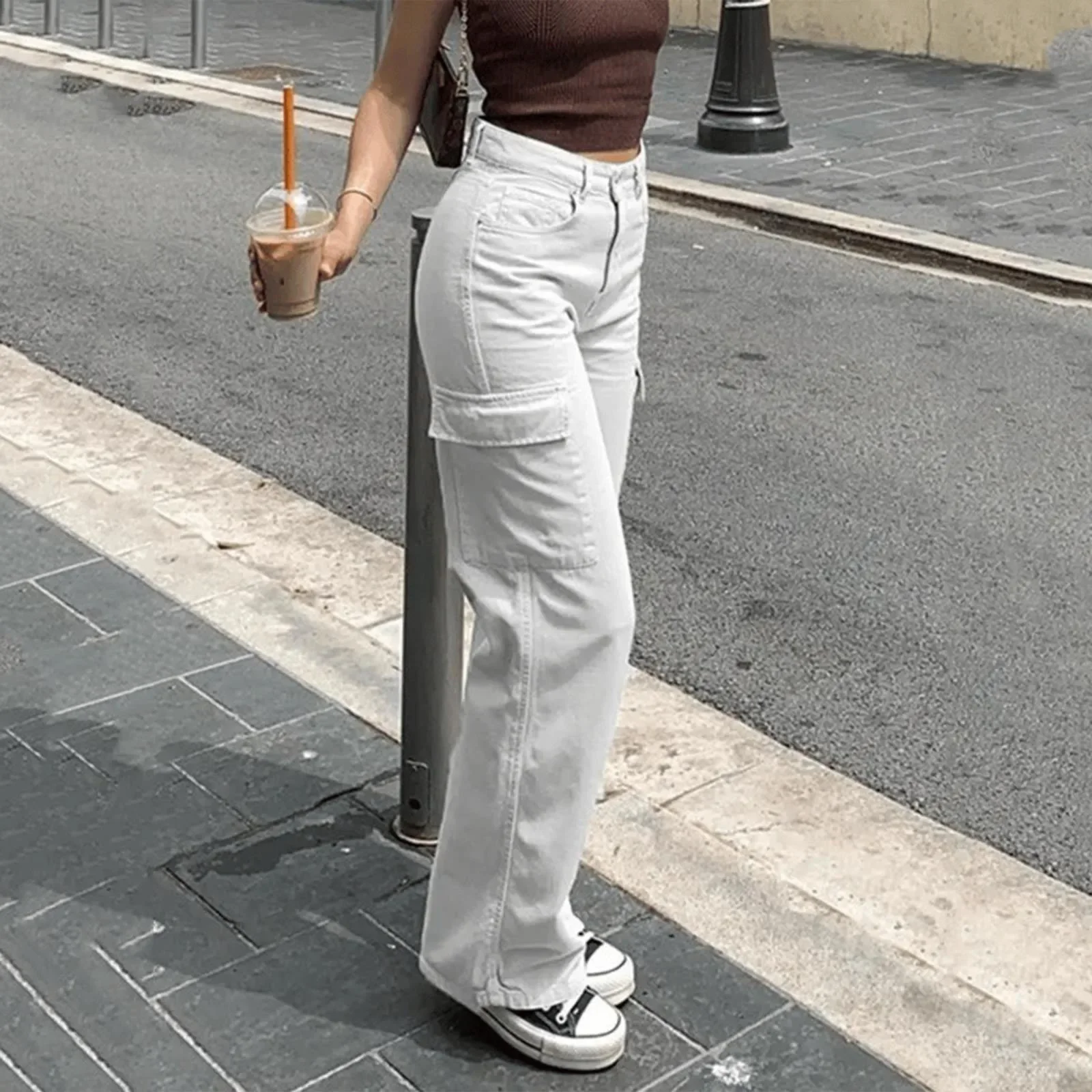 Vintage Straight Cargo Pants Women Retro Workwear Casual Baggy Hiking Pants with Pocket Adjustable Wide Leg Parachute Trousers