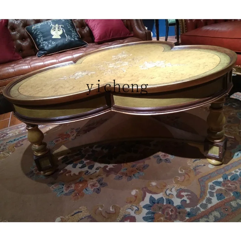 CZ-4 Solid Wood Sticker Gold Foil Hand-painted Engraved Painting Plum Blossom Shape Gold Brown Khaki Black Coffee Table
