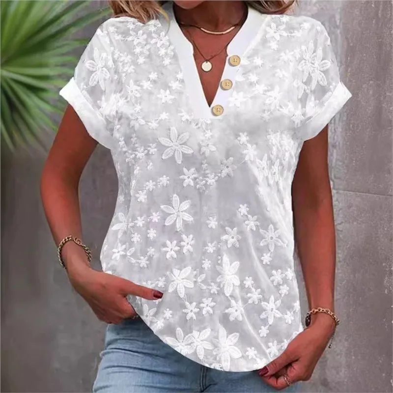 

Women Chic Embroidery Blouse Summer V Neck Buttons Splic Short Sleeve Tops Office Elegant Lace Blouses & Shirts Streetwear 2025